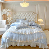 Popxstar  4/6Pcs Pink Butterfly Jacquard Three-layer Lace Ruffles Princess Wedding Bedding Set Duvet Cover Bed Skirt Bedspread Pillowcases