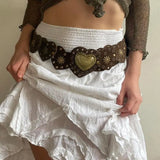 Popxstar Brown Pinned Belt Y2k Accessories Decorated with White Love Hearts Bohemian Style Retro PU Leather Waist Belt for Girls
