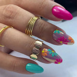Popxstar  24pcs Mid-length Almond False Nails Simple Pattern Design Stick on Fake Nail Round Head Wearable Press on Nails Sets Finished
