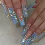 Popxstar  24Pcs Long Ballerina Fake Nails Blue French Style Press on Nails Ballet Bowknot Rhinestone Designs Wearable False Nails Tips