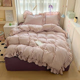 Popxstar  New cream lace girl powder grid Korean version bed four-piece set washed cotton double-layer yarn quilt cover dormitory