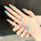 24pcs Exquisite 3D Floral Press on Nails Gold Lined Design Nail Sculpture Flower Nails Full Cover Manicure Almond Nail for Girls