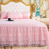 Popxstar shabby chic Pink Bed Skirt Non-slip Mattress Cover 3 Layers Bed Skirt Cover Princess Lace Ruffled Bed Skirt Bedsheet Kids Girls Bedspread