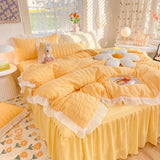 Korean Seersucker Bedding Set Princess Girls Quilt Cover Lace Ruffles Bed Skirt Sheet Luxury Solid Color Bedclothes Decor Home