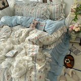Popxstar 3/4Pcs Korean Princess Style Floral Ruffles Bedding Set Skin-friendly Soft Duvet Cover Set Bed Sheet Or Bed Skirt Pillowcases