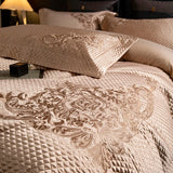 Popxstar  4Pcs European Luxury Brocade Silk Cotton Embroidery Bedding Set Soft Silky Duvet Cover Set With Quilted Bedspread Pillowcases