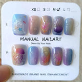 Popxstar 10pcs Short T Blue Mermaid Cat's Eye Handmade  Press on Nail False Nails Square Head Girl Lady Wearable Detachable Nail Tips