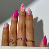 Popxstar  24pcs Mid-length Almond False Nails Simple Pattern Design Stick on Fake Nail Round Head Wearable Press on Nails Sets Finished