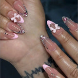 popxstar Pink French Style Fake Nails Almond Ballerina Press on Nails 3D Bowknot Designs Nude Color Stick-on False Nails Tips 24Pcs
