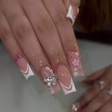 Popxstar 24Pcs Short Ballet False Nails with Bow Design White French Press on Nails Wearable Square Head Full Cover Fake Nail Manicure