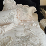 Popxstar  lily of the valley Embroidery Ruffles Princess Bedding Set Velvet Warm Winter Duvet Cover Flat/Fitted Bed Sheet Pillowcases 4Pcs