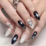 Popxstar  White Almond Press On Nails 24Pcs Black Wearable Full Cover Fake Nails Silver Star Bowknot Printed Y2K Girls Charm False Nails
