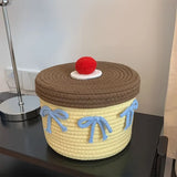Decorative Cotton Thread Woven Storage Basket Handwoven Round Round Storage Box Yellow With Lid Cotton Thread Basket Shelf