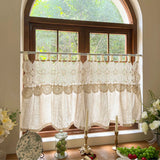 Rustic Cutout Lace Splicing Curtain with Tab Top Imitation Hemp Vintage Farmhouse Curtain Kitchen Window Half Curtain