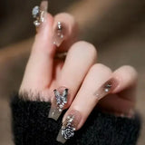 Popxstar 24pcs Red Ballet False Nails Butterfly Fake Nail Glitter Short with Rhinestone French Design Full Cover Press on Nails Tips Art