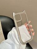 Cartoon Cute 3D Cat Ears Plating Silver Transparent Phone Cover For iPhone Air 15 14 13 12 16 17 Pro Max Case