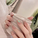 Popxstar 24Pcs Three-dimensional Love Heart False Nails with French Design Long Coffin Wearable Fake Nails Rhinestone Press on Nails Tips
