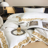 Popxstar  1000TC Egyptian Cotton Luxury Gold Embroidery Bedding Set Black Khaki Patchwork Duvet Cover Bed Sheet Fitted Sheet Pillowcases