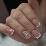 Popxstar 24pcs Glitter Short Square Fake Nails Sets Rhinestones French Design False Nail Tips Reusable Pink Press on Nails Tips Manicure
