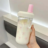 Original Design Purple Bow Water Cup With Straw Cute Coffee Bubble Milk Tea Plastic Cup Large Capacity Students Water Bottle New