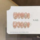 10Pcs Snake Rhinestone Press on Nails Pink Gradient Press on Fake Nails Cat Eye Almond False Nails 3D Carve Flower Nail Art Tip