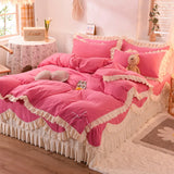 Popxstar Korean Princess Style Bedding Set Soft Thickened Duvet Cover Bed Sheet Skirt and Pillowcases Cute Bow Girls Pink Comfort Cover