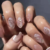 Popxstar 24Pcs Solid Color Grey Almond Fake Nail Cat's Eye Design Wearable Round Head False Nails with Shiny Powder Press on Nails