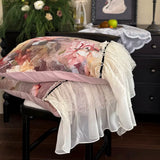 Popxstar  600TC Egyptian Cotton Thickened Brushed Rose Print Lace Ruffles Bedding Set Duvet Cover Flat/Fitted Bed Sheet Pillowcases 4Pcs