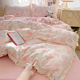 Popxstar  Ins Floral Bedding Set Princess Duvet Cover Set Bed Linen Flat Sheets Set 2 Pillowcases Single Double Queen Size Back To School