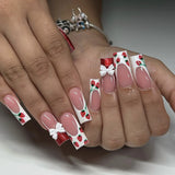 Popxstar  Red/Pink Strawberry Fake Nails Glossy Cat's Eyes Press on Nails Almond Full Cover Wearable Manicure Sweet False Nails for Woman