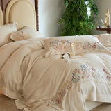Popxstar  Natural Cotton Linen Vintage French Flowers Embroidery Luxury Bedding Set Duvet Cover Flat/Fitted Bed Sheet Pillowcases 4Pcs