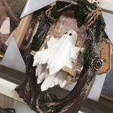 Spooky Halloween Ghost on Tree Swing Cute Resin Funny Ghost Decor Handcrafted Ghost Tree Swing Statue