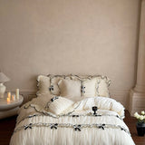 Popxstar  Romantic Lace Ruffles Bow Wedding Bedding Set 800TC Lyocell Silky Cooling Duvet Cover Flat/Fitted Bed Sheet Pillowcases 4Pcs