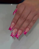 Popxstar 24 sweet cherry blossom red printed coffin full cover fake nails, French white, suitable for women's daily wear, 1 nail file and
