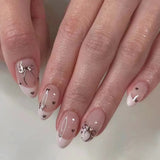 Popxstar 24pcs Short Almond Fake Nails White French Bow Design Stick on False Nail Art Simple Pink Artifical Press on Nails Sets Finished