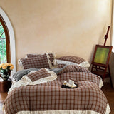 Popxstar  Vintage Plaid Flowers Lace Ruffles Bedding Set 100% Cotton Double Layer Yarn Duvet Cover Flat/Fitted Bed Sheet Pillowcases 4Pcs