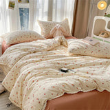 Popxstar INS Girls Cherry Soft Bedding Set Washed Cotton Bed Sheet Queen King Size Duvet Set Flower Comforter Set Pillowcase Bed Linens