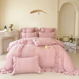 Popxstar Korean Princess Style Lace Ruffles Bedding Set Solid Color Duvet Cover Set Flat/Fitted Bed Sheet Pillowcases With Pillowcases