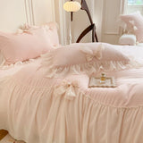 Popxstar Chiffon Lace Bedding Set Pink France Romantic Princess Wedding Ruffles Bow Soft Duvet Cover Bed Sheet Pillowcases Home Textile