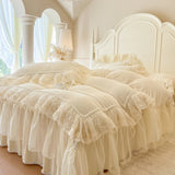 Popxstar  Romantic Lace Ruffles Handmade Beads Velvet Winter Warm Thickened Princess Bedding Set Duvet Cover Bed Skirt Pillowcases 4Pcs