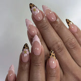 Popxstar  3D Bowknot Pearl Wearable Nail Art Fashion Leopard French Nude Almond Fake Nails Detachable Finished False Nails Press on Nails