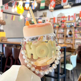 400ML Cute Girl Transparent Glass Heat Resistant Water Bottle With Pearl Bracelet Portable Double Drinking Coffee Mug Straw Cups