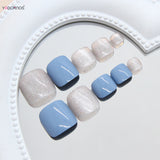 Popxstar  Summer Blue Fake Toenails Glossy Sequins Designs 24Pcs Short Press On Nails for Barefoot Decor DIY Manicure False Nails Art