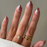 Popxstar 24Pcs Solid Color Grey Almond Fake Nail Cat's Eye Design Wearable Round Head False Nails with Shiny Powder Press on Nails