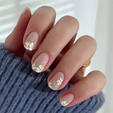 Popxstar 24pcs Short Square False Nails Sets Flower Design Stick on Fake Nails Datachable Simple Nude Press on Nails Tips with Jelly Glue