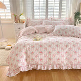 Popxstar  Pink Color Duvet Cover with Ruffles 100%Cotton Flower Printed housse de couette for Girls Pure Cotton Bed Cover King