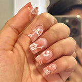 Popxstar 24pcs Glitter Short Square Fake Nails Sets Rhinestones French Design False Nail Tips Reusable Pink Press on Nails Tips Manicure