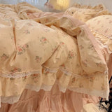 Popxstar  3/4Pcs Korean Princess Style Floral Lace Ruffle 100% Cotton Bedding Set Duvet Cover Bed Skirt/Bed Sheet/Fitted Sheet Pillowcases