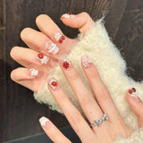 10pcs 3D Strawberry Bow Press on Nails Sweet Cute Square False Nails Flowers Pearl Stick on Nails Cat Eye French Fake Nail Art