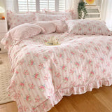 Popxstar  Pink Color Duvet Cover with Ruffles 100%Cotton Flower Printed housse de couette for Girls Pure Cotton Bed Cover King